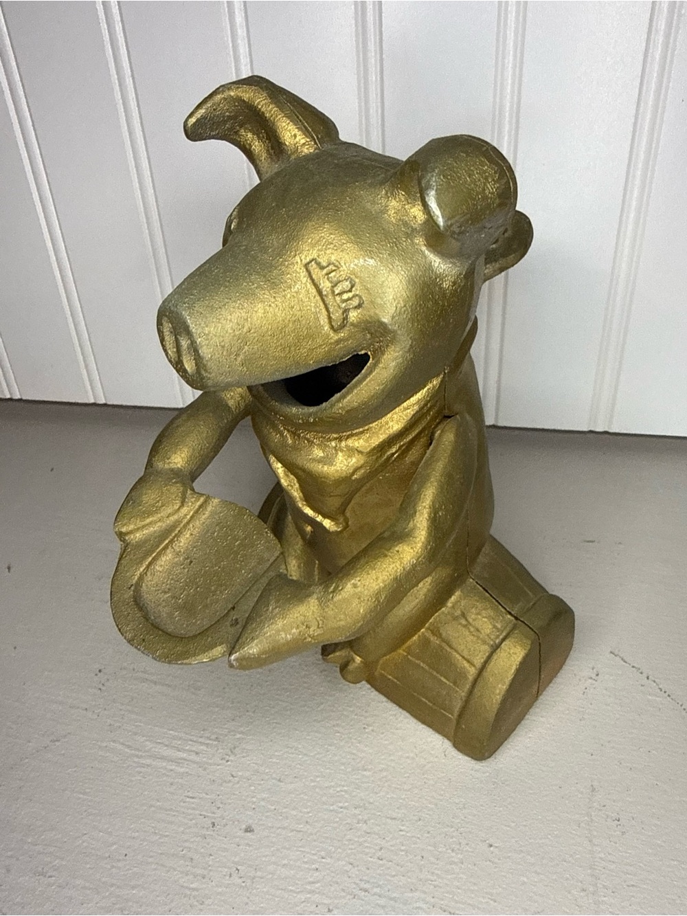 Vintage Logan Cast Metal Mechanical Coin Bank Pig on a Barrel Feed the Hog